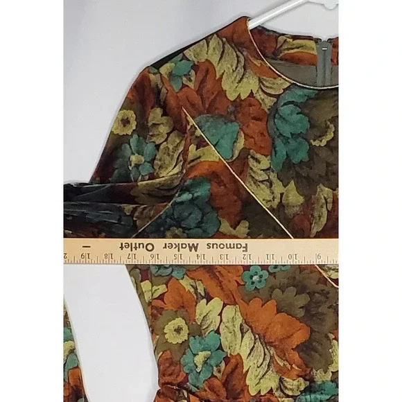 Vintage Floral Velvet Midi Dress 8 Long Sleeve Pleated Gold Buckle Lined70s - Picture 9 of 12